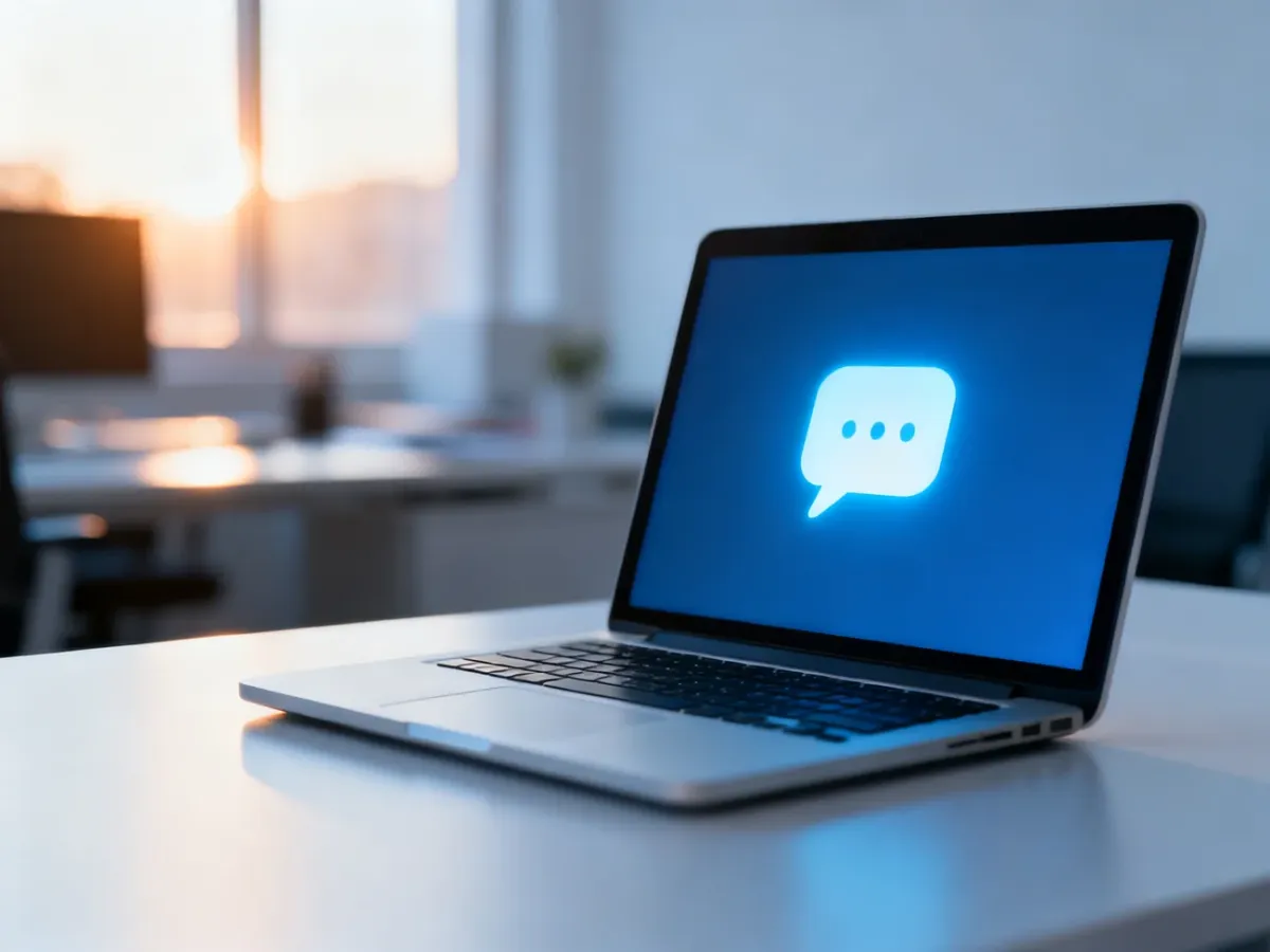 Nowoczesny laptop z ikoną czatu na ekranie, symbolizujący automatyzację obsługi klienta w biurowym otoczeniu.