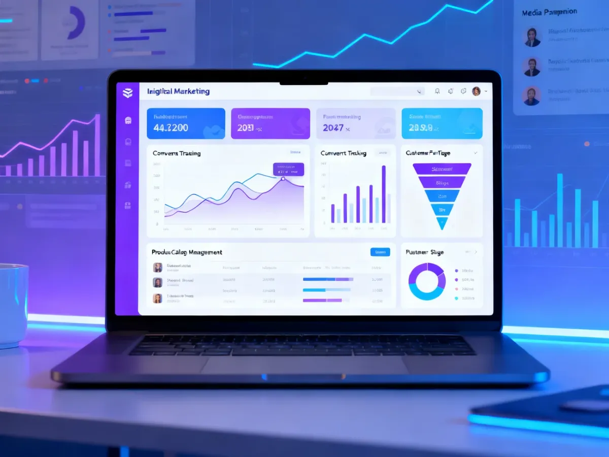 Laptop displaying a digital marketing funnel and campaign analytics dashboard
