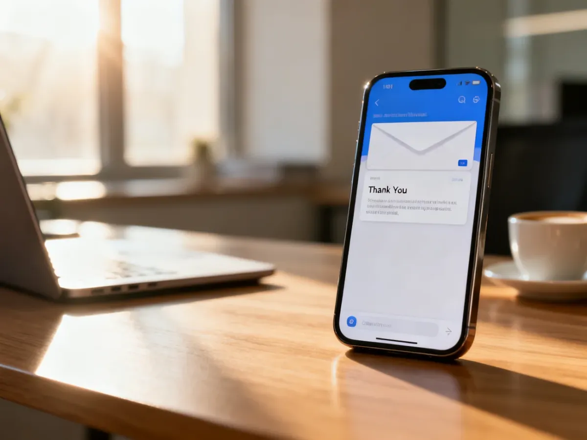 Smartfon na drewnianym biurku z otwartą wiadomością e-mail z podziękowaniami dla klienta po zakupie.