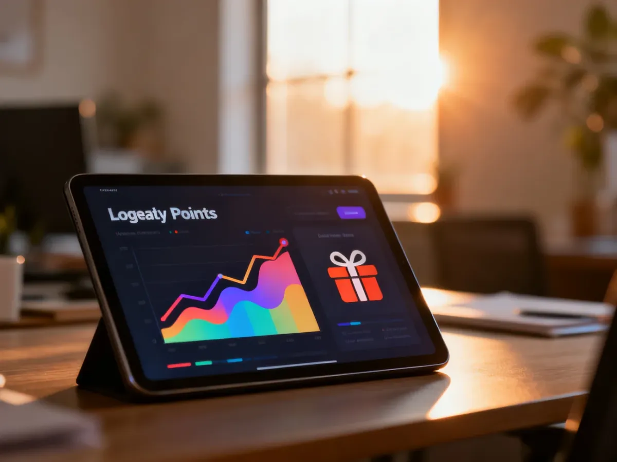 Nowoczesny tablet z wyświetlonym wykresem punktów lojalnościowych i ikoną prezentu, symbolizujący korzyści programu.