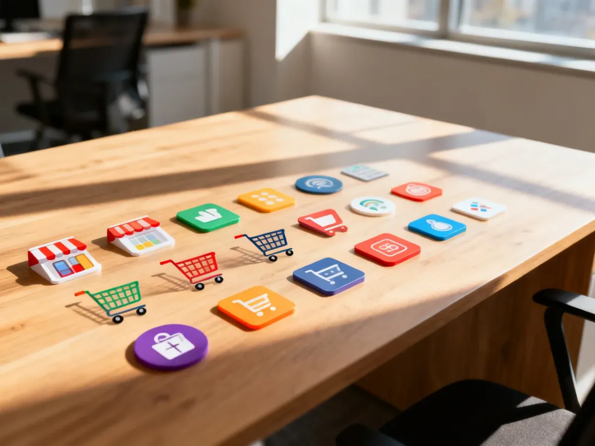 Kolorowe ikony wózków sklepowych i symboli e-commerce na drewnianym biurku, symbolizujące wybór platformy sprzedażowej.