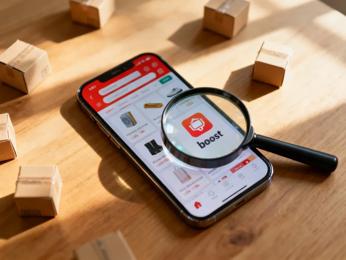 Smartfon z interfejsem e-commerce na biurku z paczkami, symbolizujący optymalizację i zwiększanie widoczności ofert.