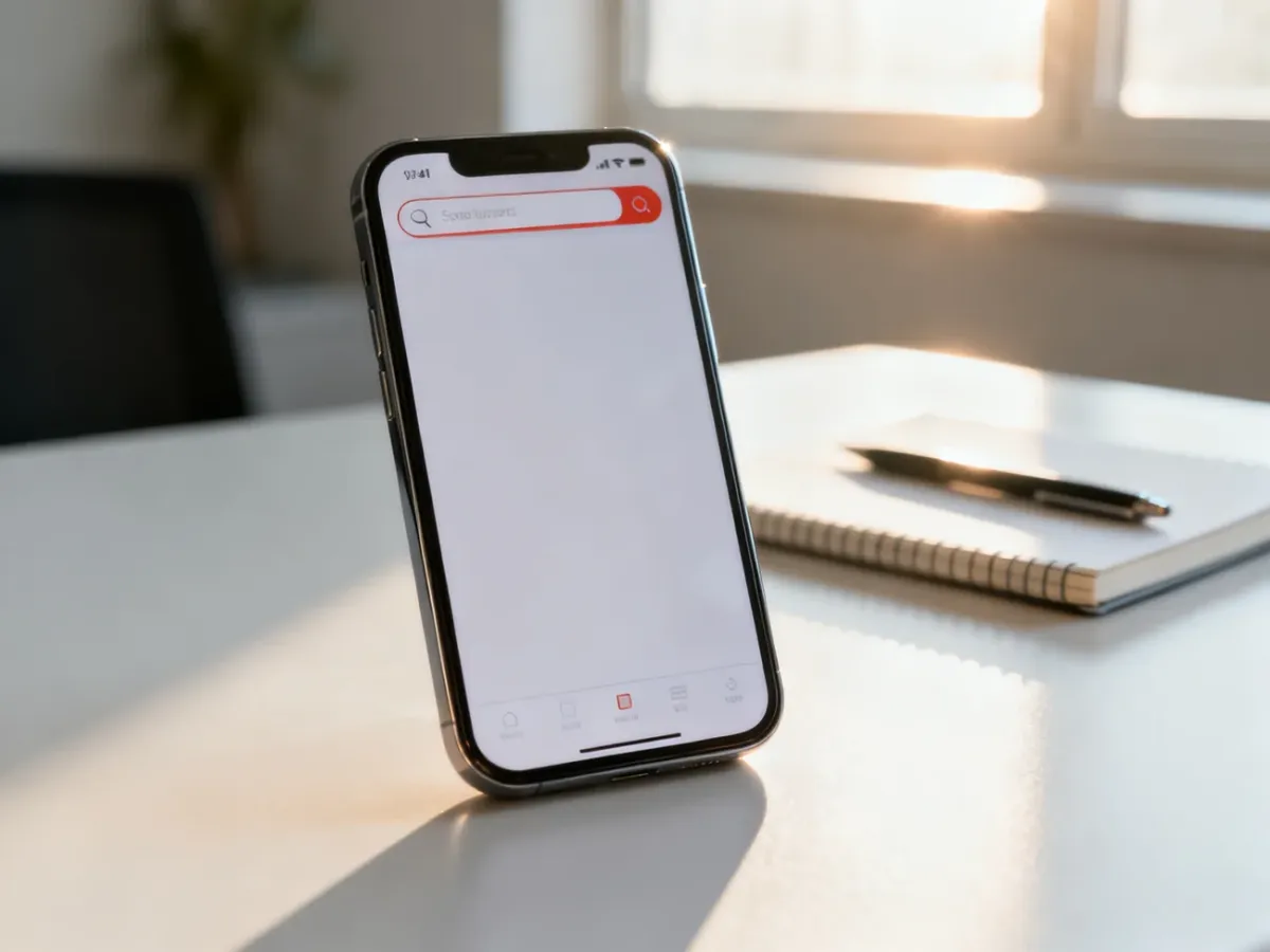 Nowoczesny smartfon z minimalistycznym interfejsem sklepu internetowego, podkreślający znaczenie czytelnych tytułów ofert.