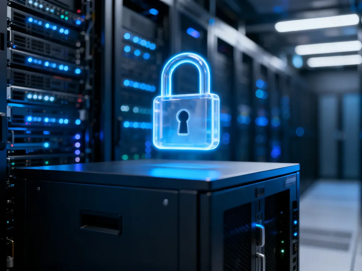 Świecąca ikona kłódki nad serwerami, symbolizująca bezpieczeństwo danych i certyfikat SSL w sklepie internetowym.