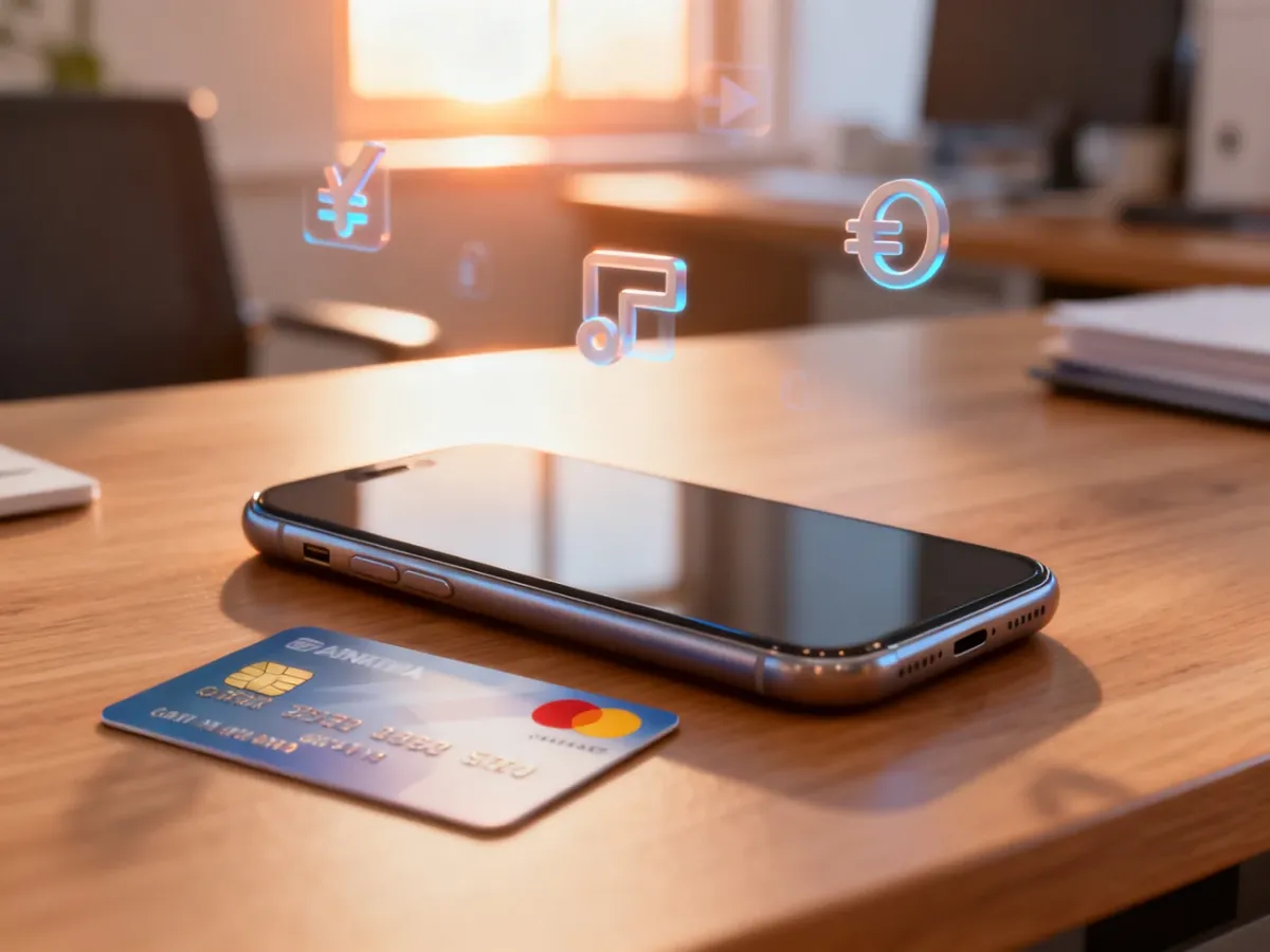 Smartfon i karta płatnicza na drewnianym biurku, symbolizujące nowoczesne i wygodne metody płatności w sklepie online.