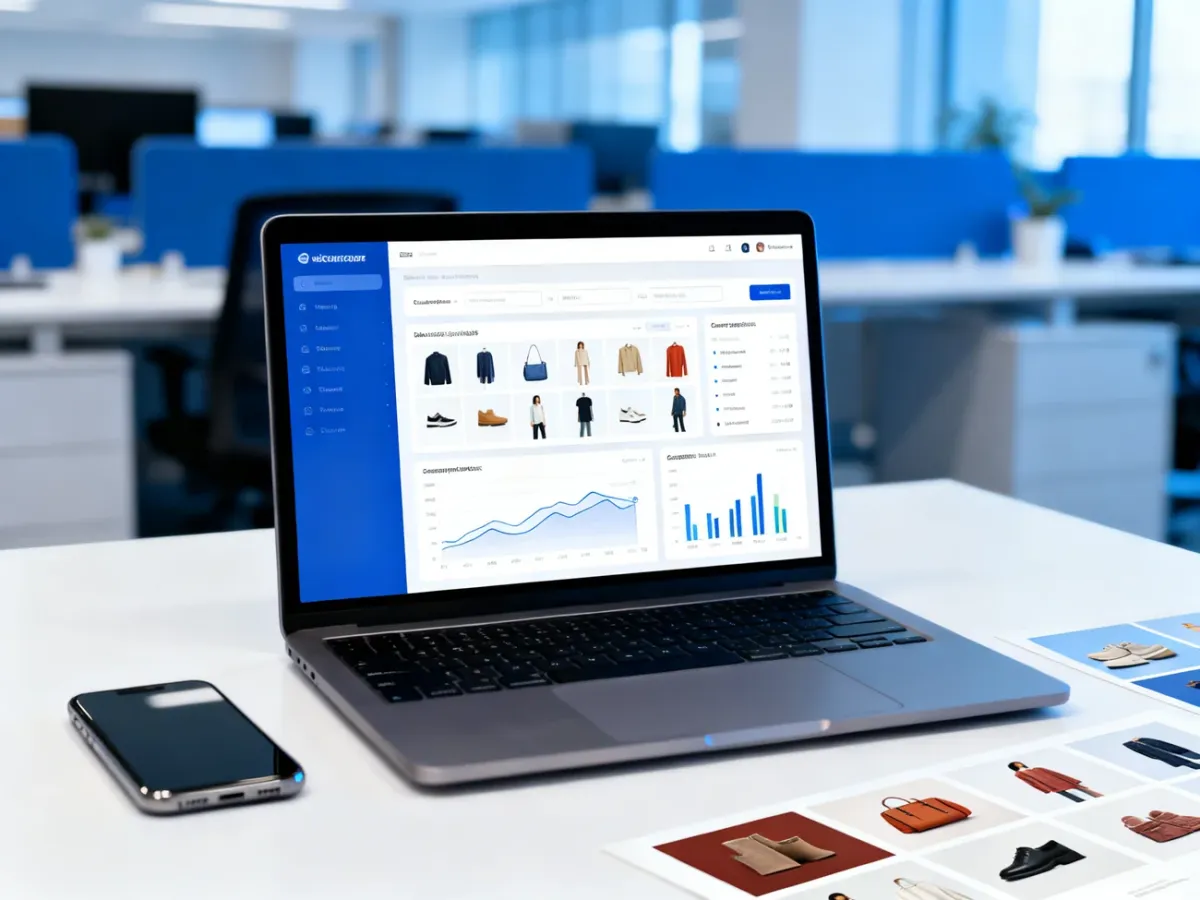 Stanowisko pracy z analizą kampanii reklamowej i katalogiem produktów