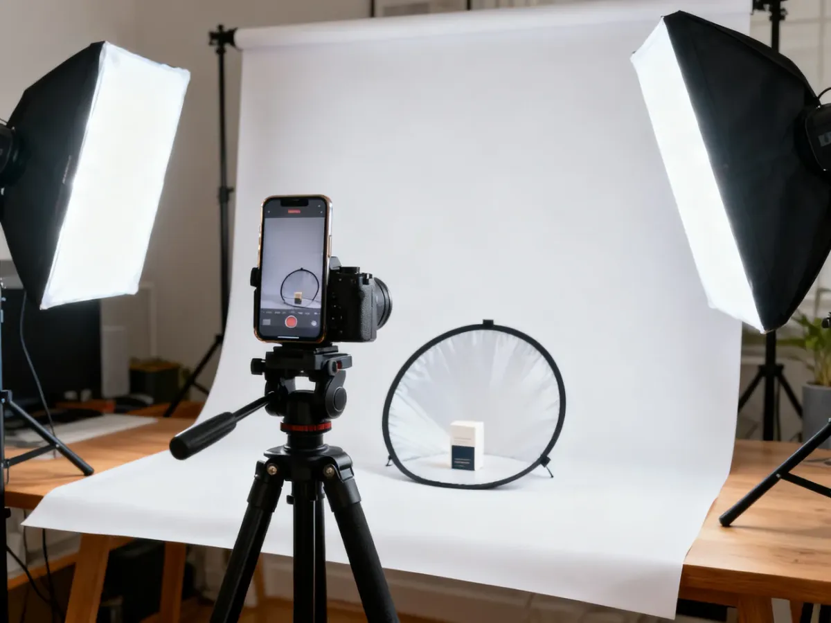 Domowe stanowisko do fotografowania produktów z aparatem, białym tłem i lampami