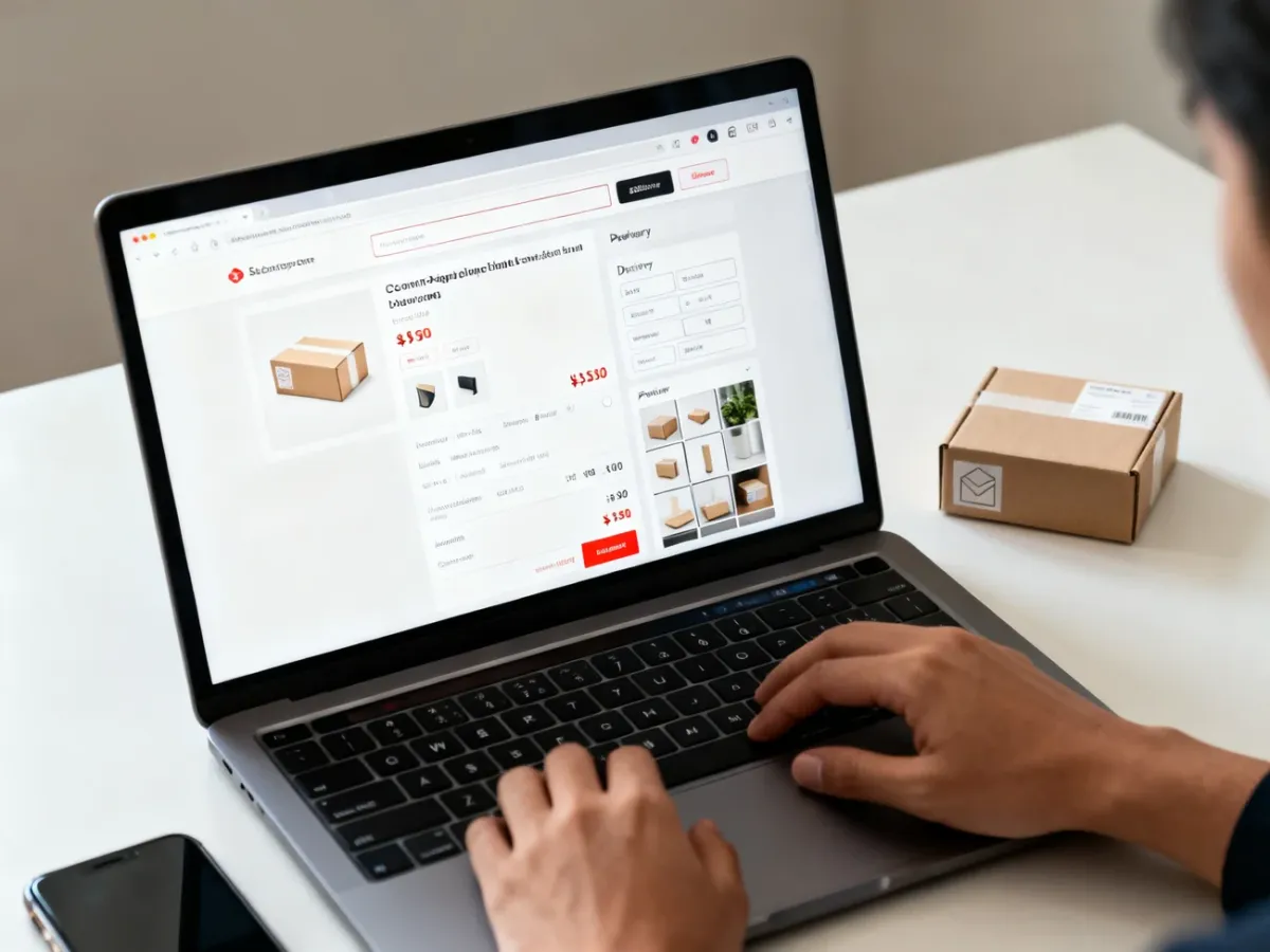 Sprzedawca sprawdzający podgląd oferty internetowej na laptopie