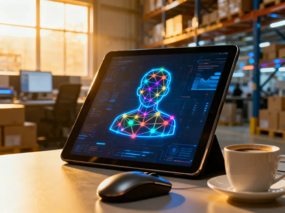 Tablet z cyfrowym profilem klienta i węzłami danych, symbolizujący nowoczesną personalizację w e-commerce.