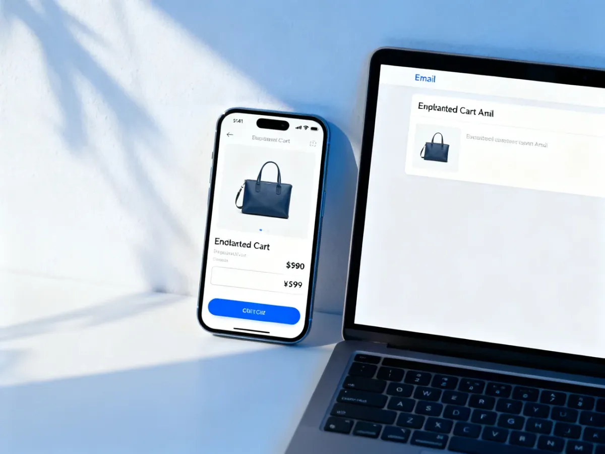 Smartphone and laptop displaying a clean abandoned cart email layout