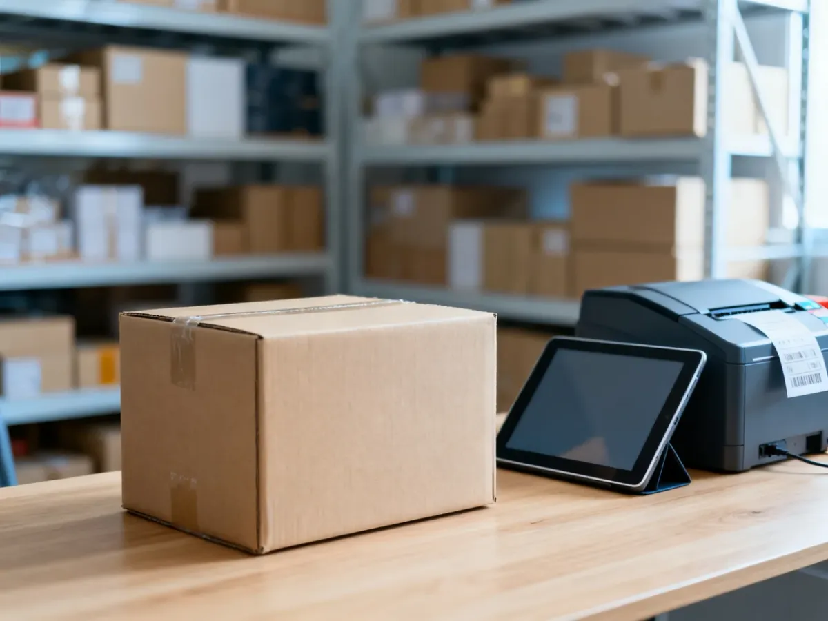 Zorganizowane stanowisko pracy w magazynie e-commerce z paczką, tabletem i drukarką etykiet do obsługi wysyłek i zwrotów.