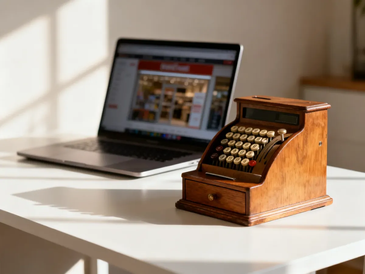 Zabytkowa kasa fiskalna obok nowoczesnego laptopa, symbolizująca połączenie tradycyjnego handlu z cyfrowym rynkiem.