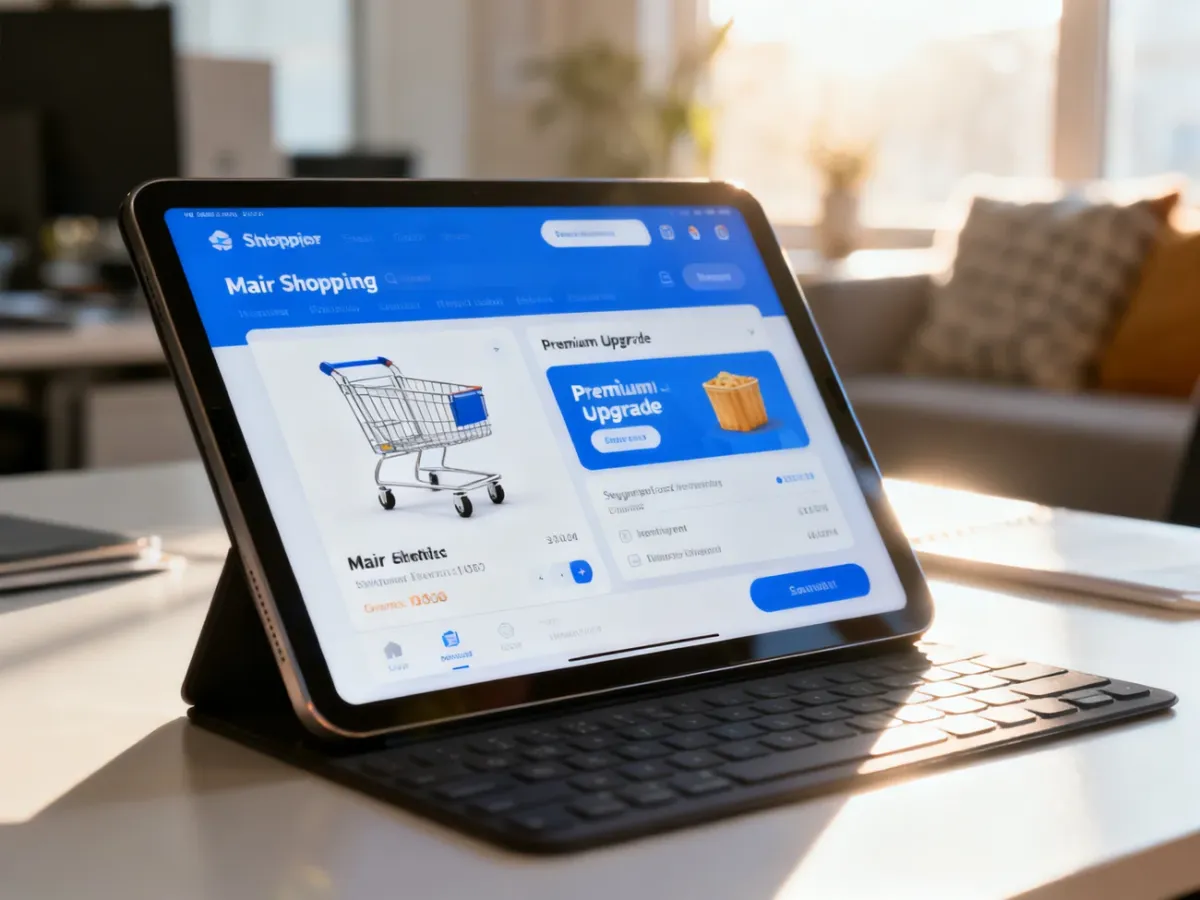 Tablet z interfejsem sklepu internetowego prezentujący produkt główny oraz propozycję droższego zamiennika typu up-selling.