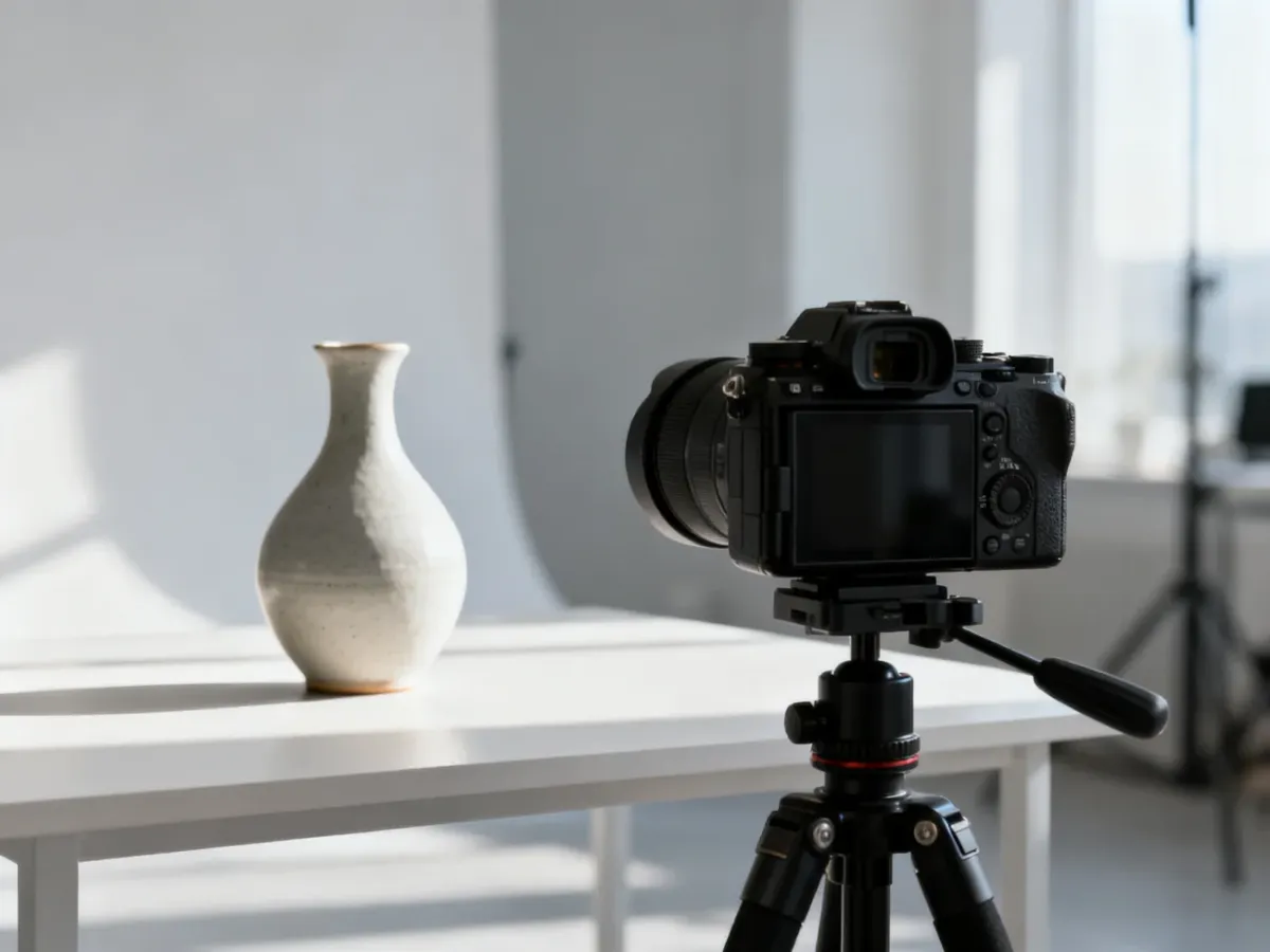Profesjonalny zestaw do fotografii produktowej z aparatem na statywie skierowanym na ceramiczny wazon w jasnym studiu.
