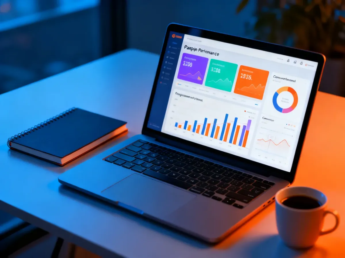 Analityk monitorujący wyniki kampanii newsletterowej na laptopie