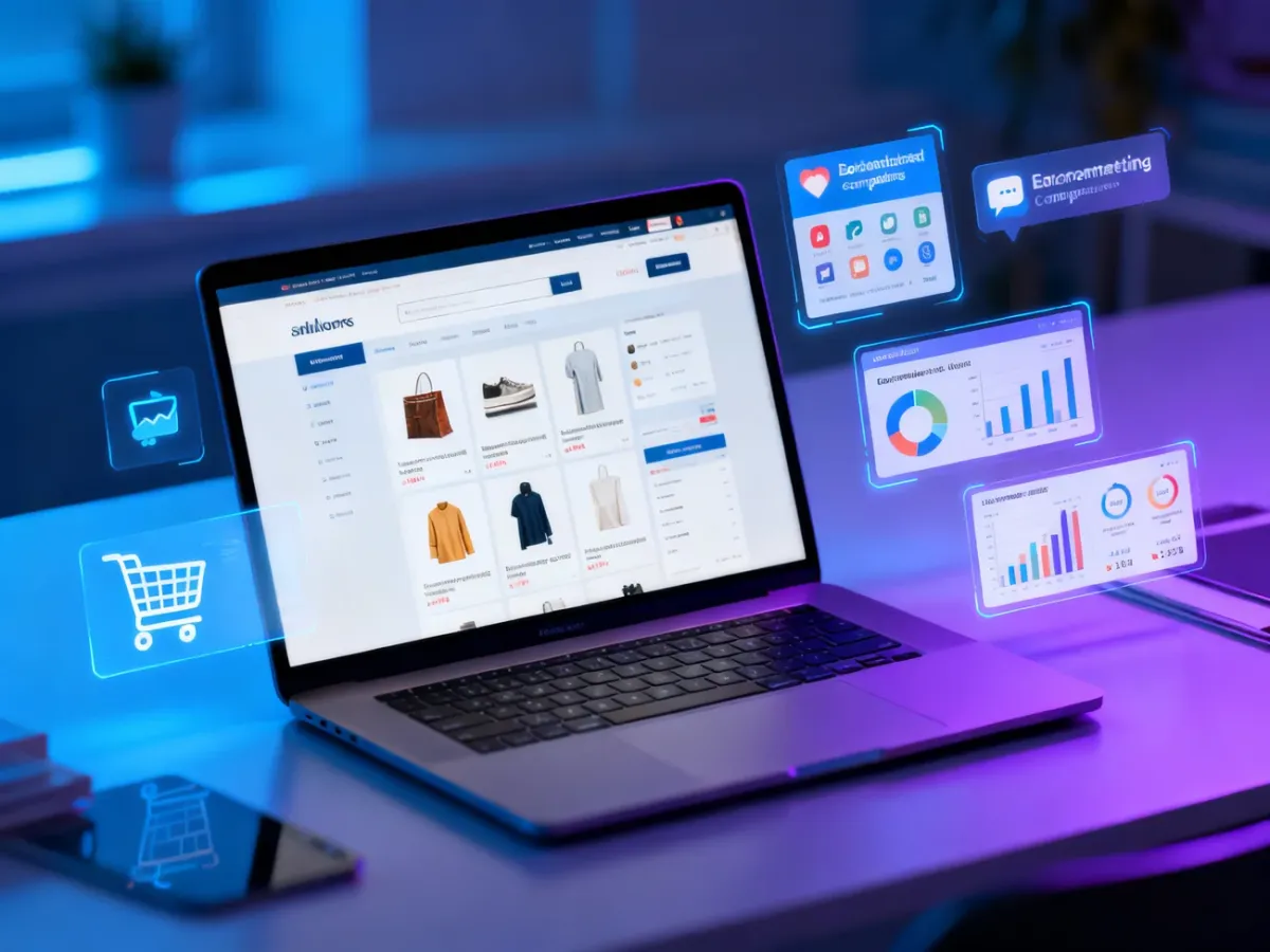 Laptop showing an online store remarketing campaign with analytics and shopping cues