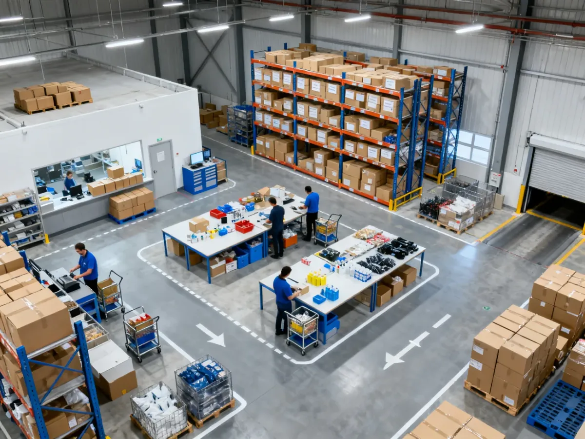 Zorganizowany magazyn e-commerce z wydzielonymi strefami przyjęć, kompletacji, pakowania i zwrotów