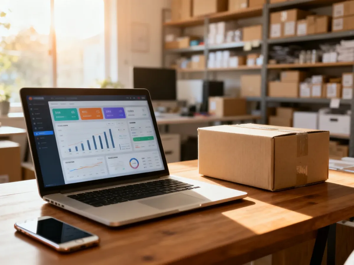 Stanowisko pracy e-commerce z laptopem wyświetlającym panel sprzedawcy, smartfonem i kartonem do wysyłki zamówień.