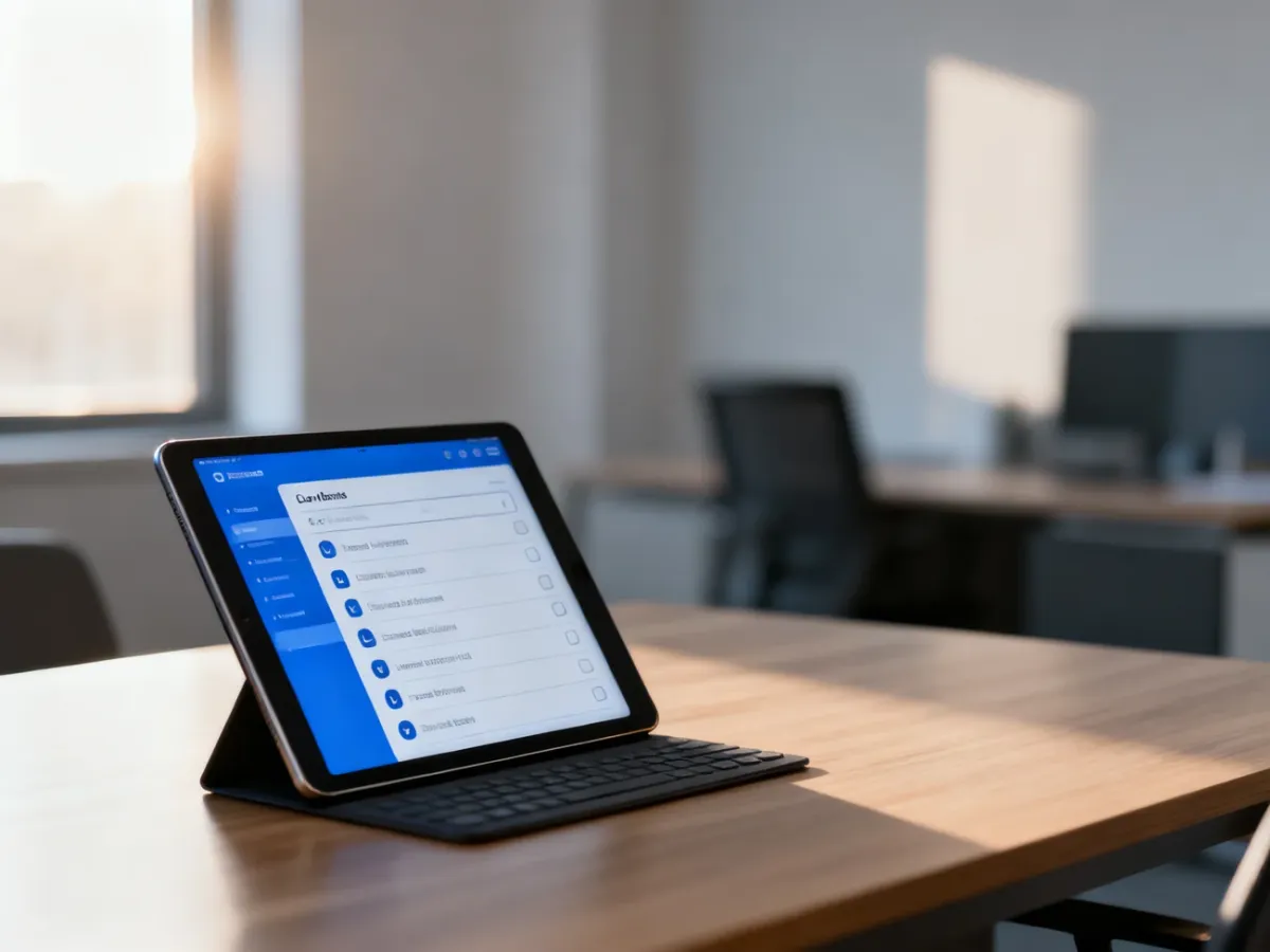 Tablet z cyfrową listą kontrolną na biurku w nowoczesnym biurze, symbolizujący profesjonalne przygotowanie sklepu do startu.