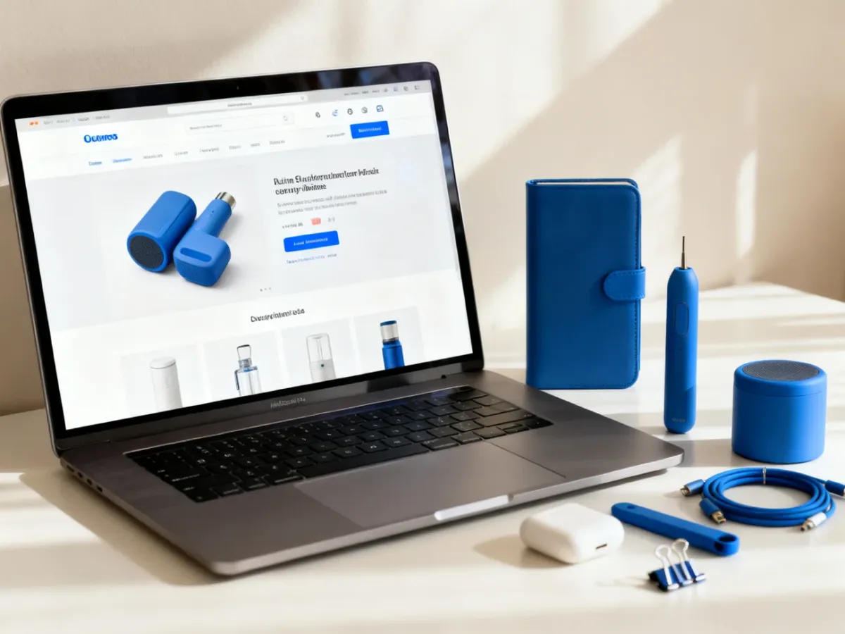 Laptop showing an ecommerce product page beside related products and accessories