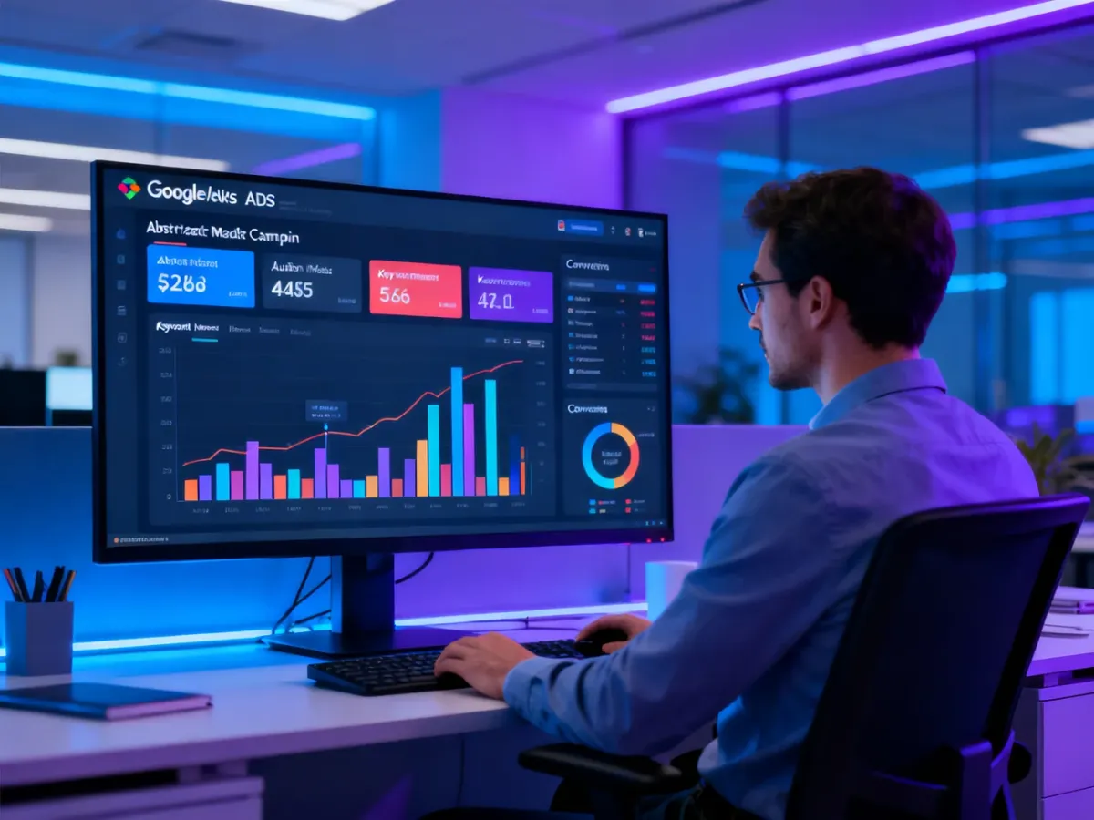 Analityk marketingowy analizujący wyniki kampanii Google Ads na monitorze