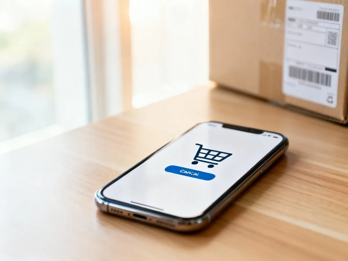 Smartfon z widocznym przyciskiem anulowania zamówienia na ekranie, leżący na biurku obok paczki gotowej do wysyłki.