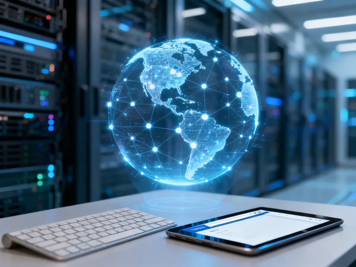 Holograficzna projekcja globu z węzłami sieciowymi na nowoczesnym stanowisku pracy, symbolizująca globalny e-commerce.