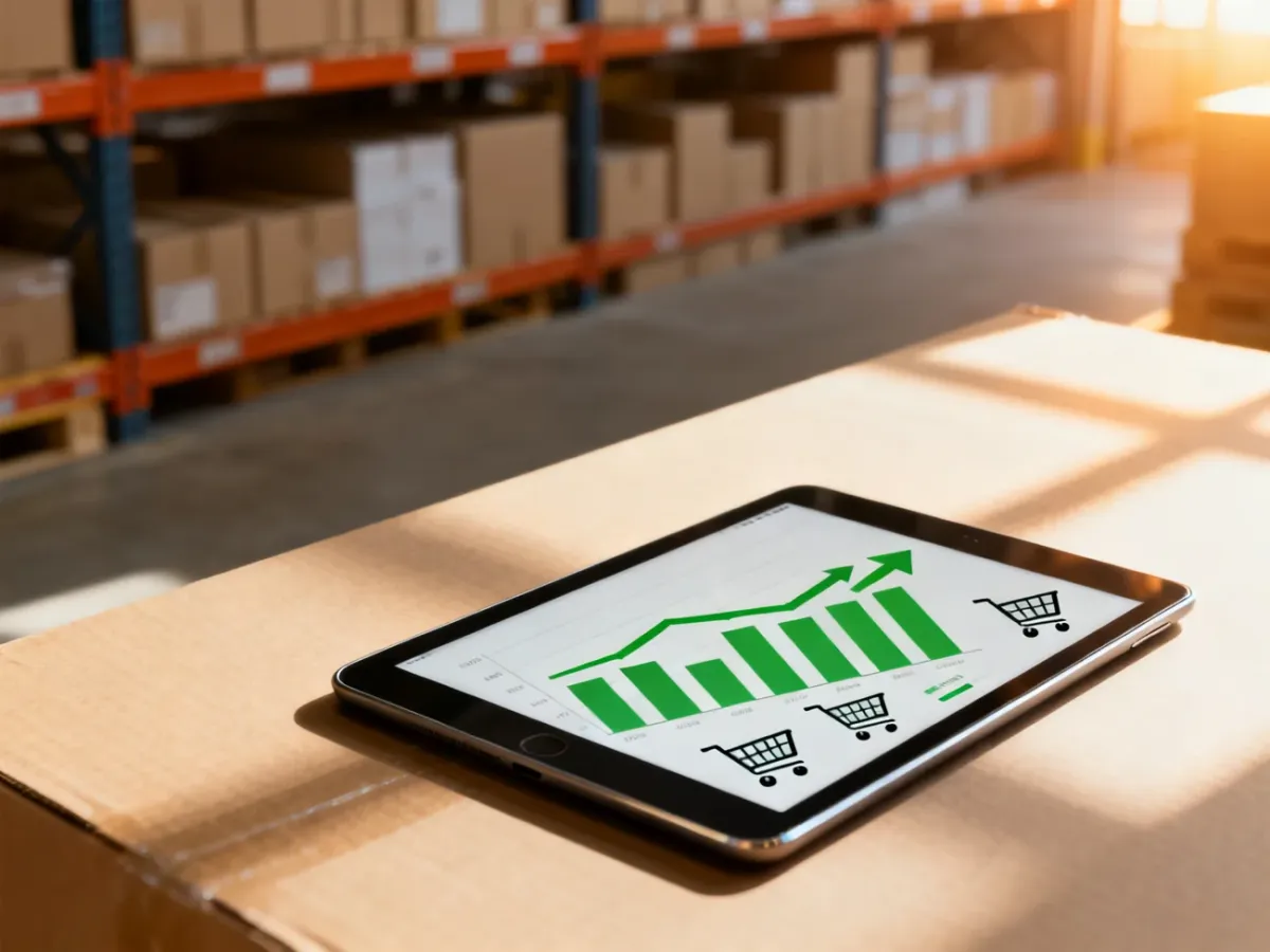 Tablet z wykresami wzrostu sprzedaży i ikonami koszyka na tle magazynu, ilustrujący strategię zwiększania wartości zamówień.