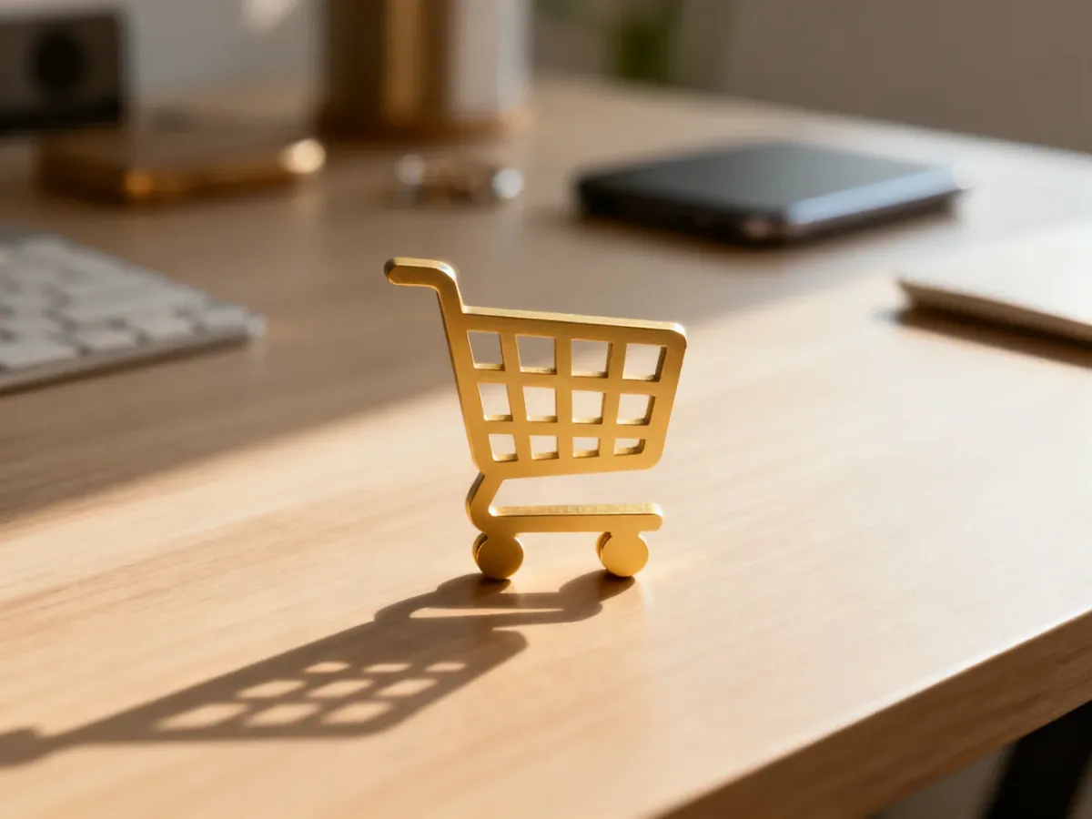 Ikona koszyka zakupowego na biurku z rozmytymi produktami w tle, symbolizująca strategię cross-sellingu w sklepie internetowym.