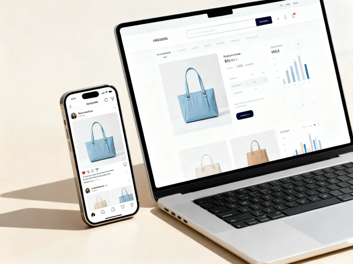 Smartfon z postem produktowym obok laptopa z kartą produktu w sklepie internetowym