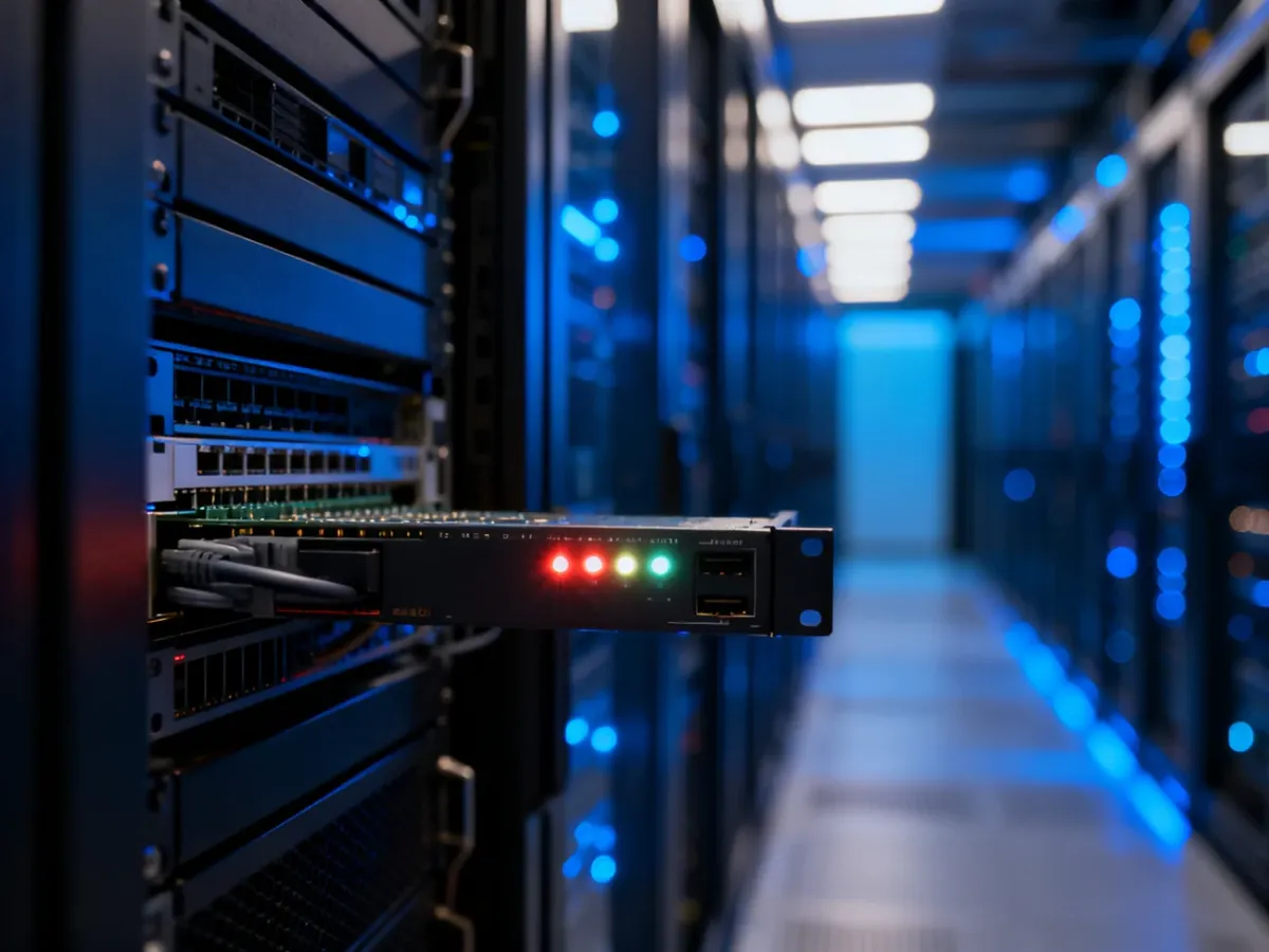 Nowoczesna serwerownia z migającymi diodami, symbolizująca szybkość i niezawodność hostingu dla sklepu internetowego.