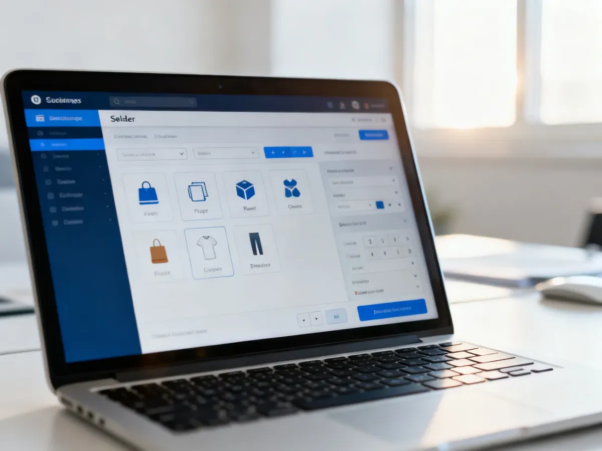 Ekran laptopa z panelem sprzedawcy e-commerce, ułatwiający edycję ofert i zarządzanie produktami w biurowym otoczeniu.