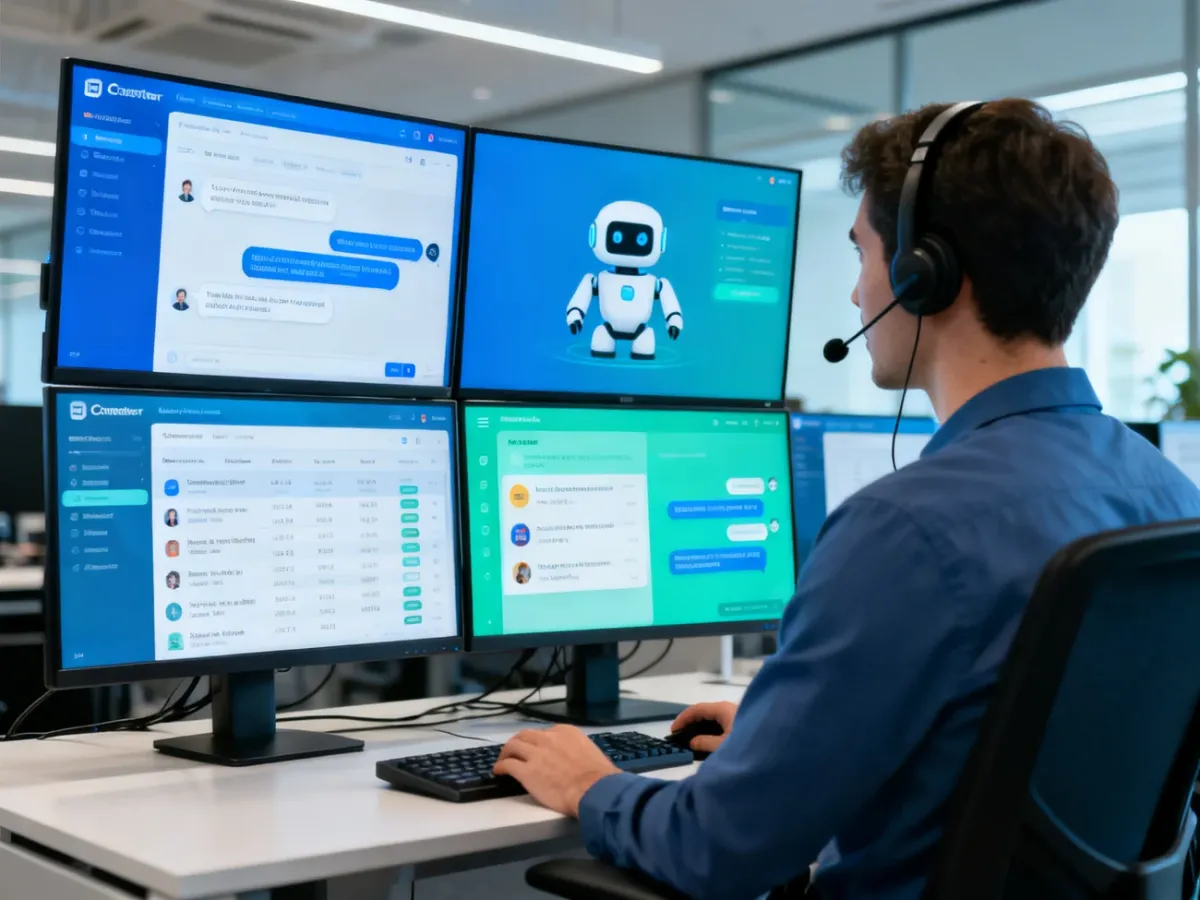 Agent obsługi klienta pracujący z połączonym systemem chatbotów, zgłoszeń i CRM