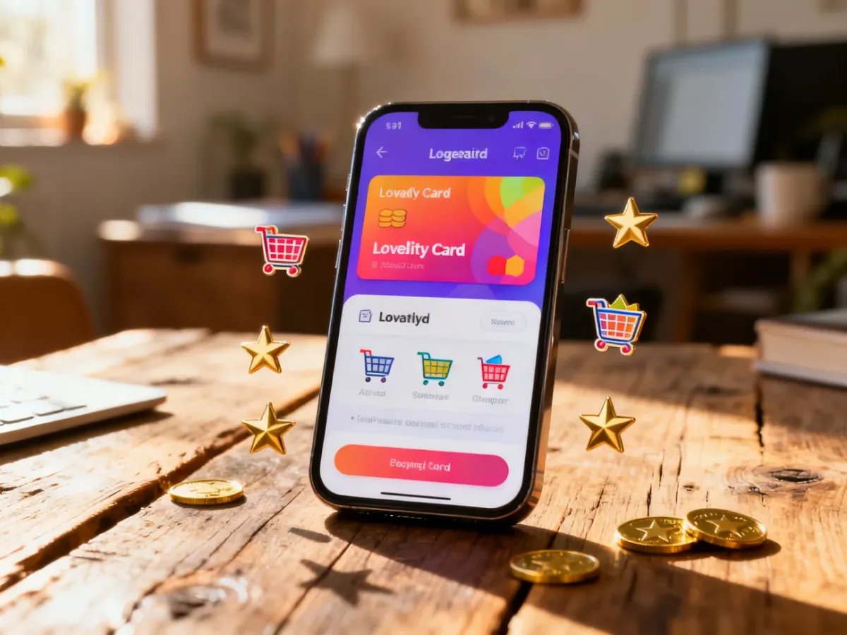 Smartfon z cyfrową kartą lojalnościową na drewnianym stole, otoczony ikonami zakupowymi i złotymi gwiazdkami.