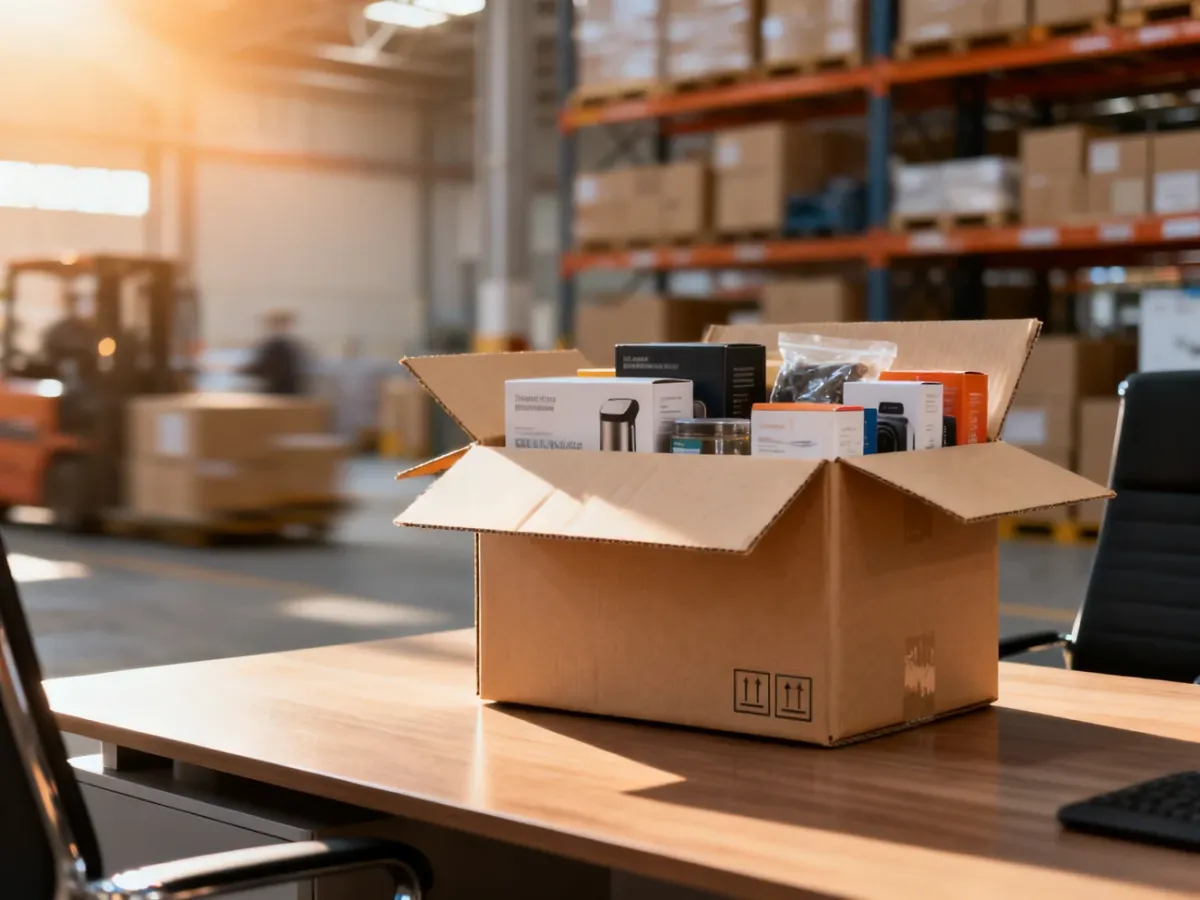 Kartonowe pudełko z produktami na biurku na tle nowoczesnego magazynu logistycznego, gotowe do wysyłki na Amazon.