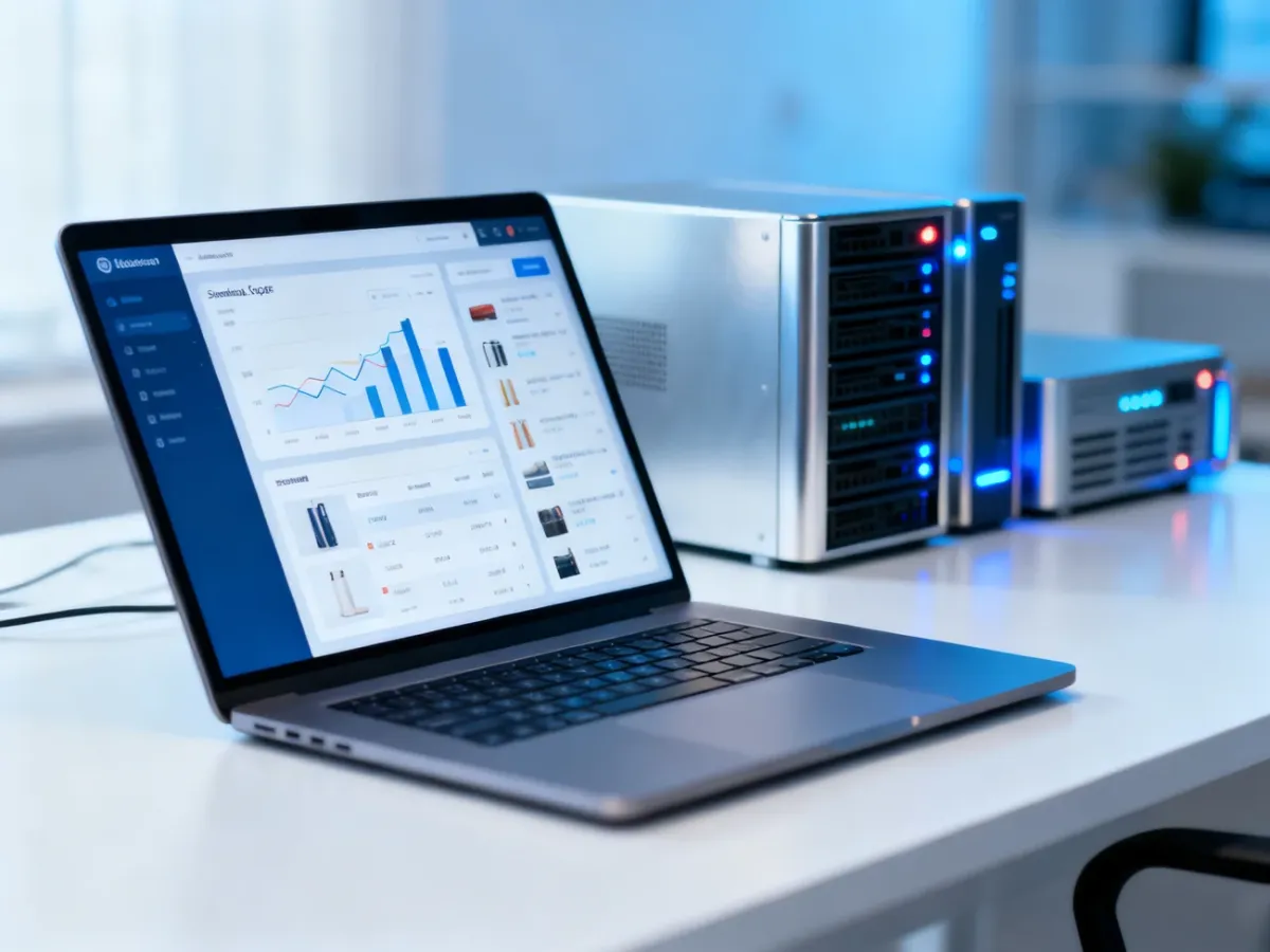 Laptop and server equipment representing the infrastructure needed for a WordPress online store